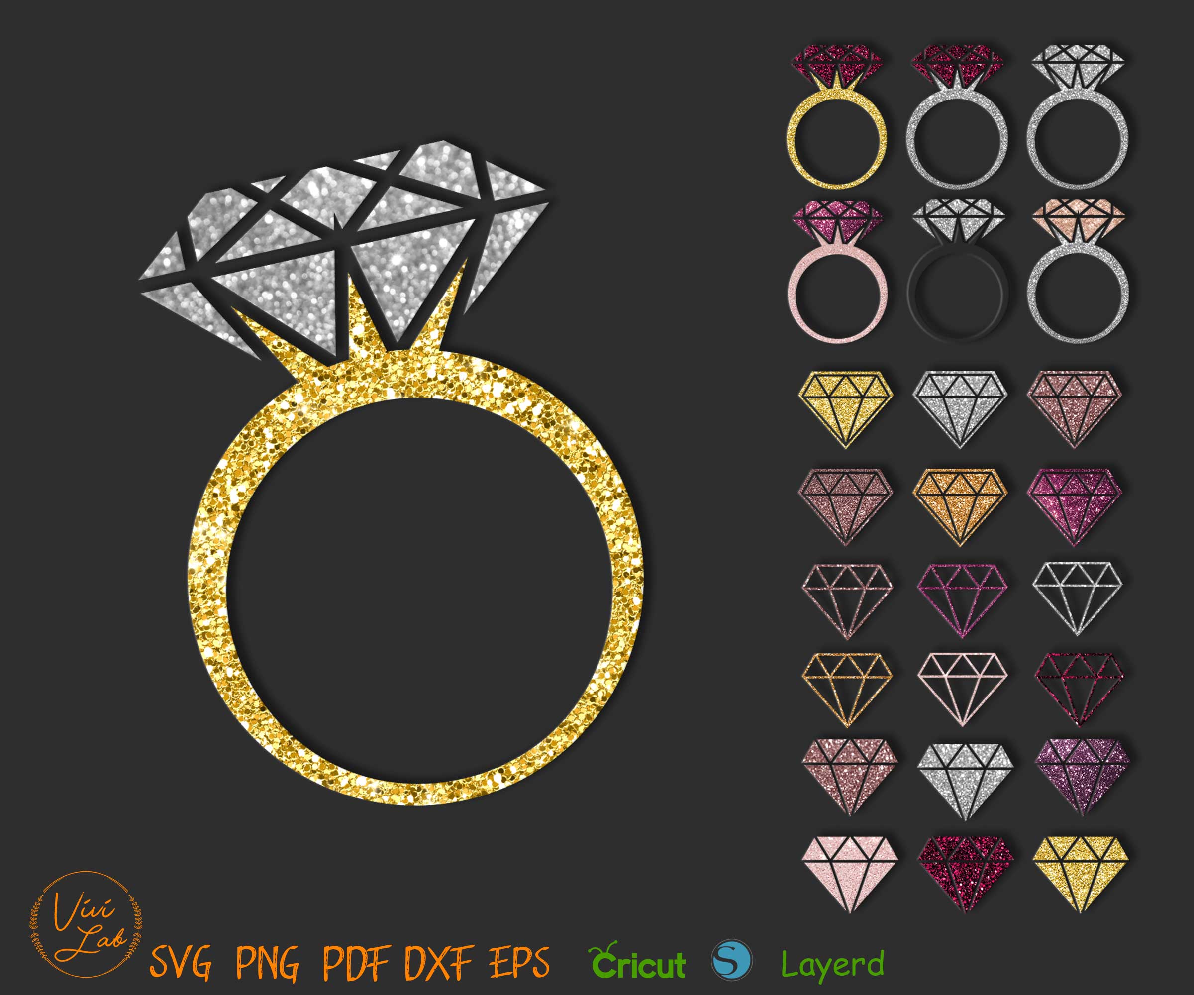 Ring and Diamond svg with Glitter patterns for Wedding card design