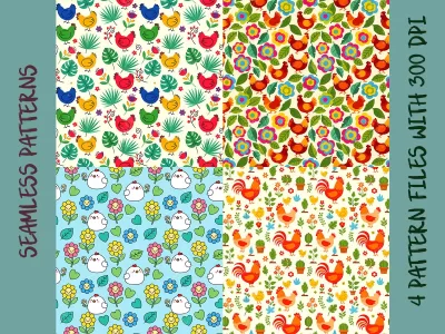 Chicken Seamless Pattern Bundle: Cute Farmhouse Digital Paper (Digital Download, 4 Set)