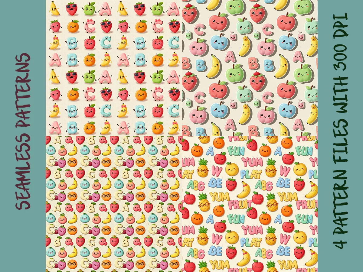 Kawaii Fruit Alphabet Seamless Pattern PNG: Cute Cartoon Food Digital Paper (Digital Download)