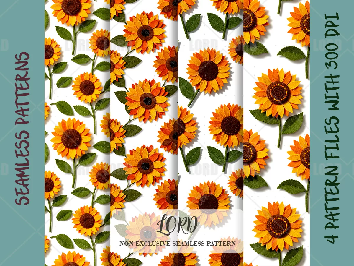 Felt Sunflower Seamless Pattern Set: Autumn Floral Backgrounds, Digital Paper (Digital Download, 4 Designs)