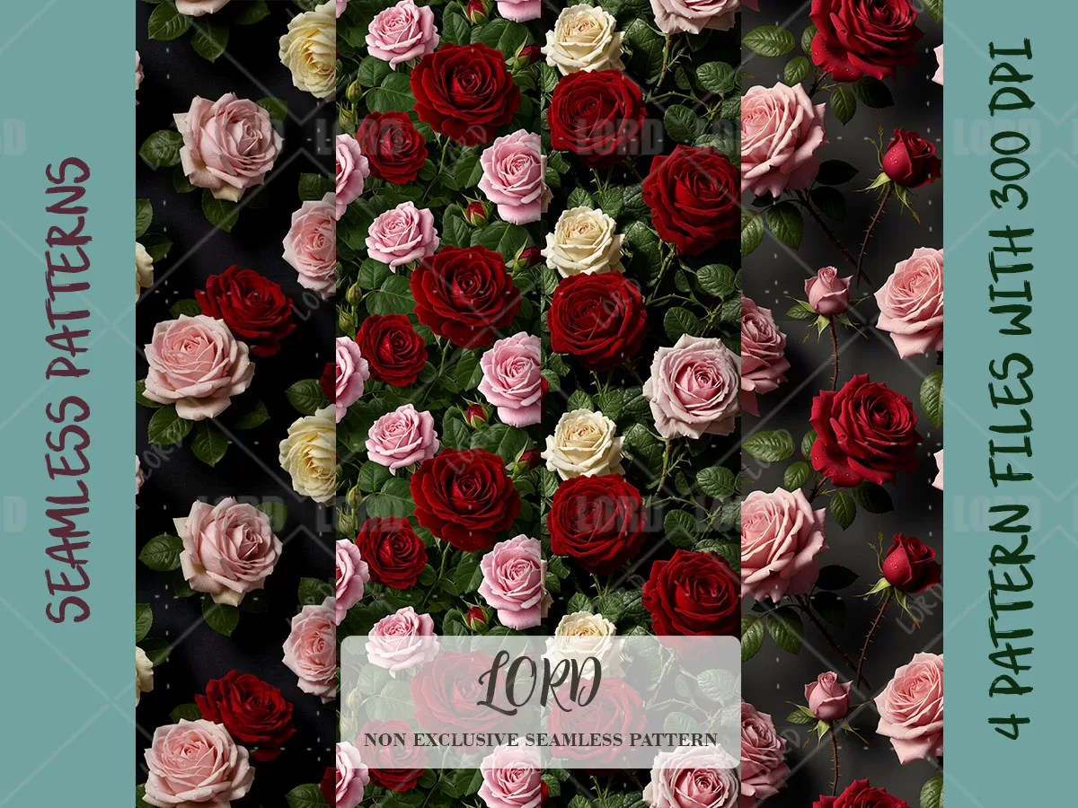 Rose Seamless Pattern Bundle: Red Pink Cream Floral Digital Paper Scrapbook Fabric (Digital Download, 4 Set)