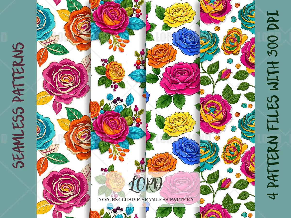 Colorful Rose Seamless Pattern Bundle: Bright Floral Digital Paper for Fabric & Crafts (Digital Download, 4 Designs)