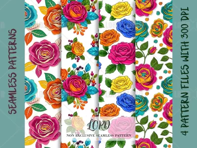 Colorful Rose Seamless Pattern Bundle: Bright Floral Digital Paper for Fabric & Crafts (Digital Download, 4 Designs)