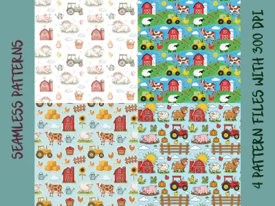 Farm Animal Seamless Pattern Bundle: Baby Nursery Fabric Design (Digital Download, 4 Set)