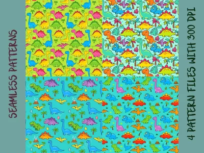 Dinosaur Seamless Pattern PNG Bundle: Cute Dino Digital Paper, Kids Fabric Design (Digital Download, 4 Set)