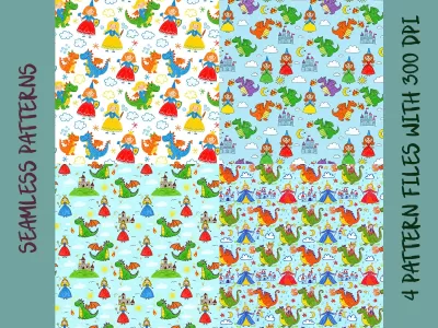 Princess Dragon Seamless Pattern Set: Crayon Drawing Fairytale Kids Art (Digital Download)